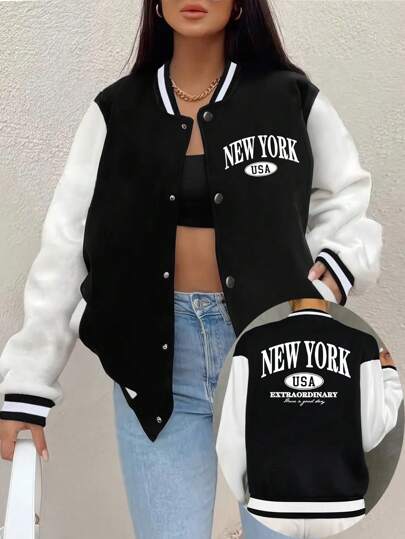 NEW YORK 字母印花女士秋冬新款休闲百搭拼色夹克