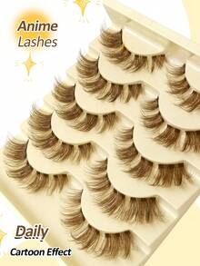 Rikuaild 5 Pairs Cartoon Style False Eyelashes, Brown, Anime Style, Natural Fluffy Soft Brown Lash Extension, Transparent Band Tail, Cat Eye Shape, Reusable, DIY Natural Lashes - Cat eye Lashes - View 4