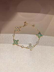 1 件法式复古新中式绿玛瑙和玉石镶嵌四叶花手链，优雅别致，适合女性日常、节日、派对佩戴、女友礼物 - 金色 - 查看 3