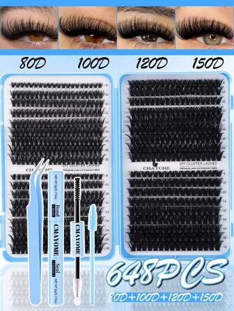648/666/720片假睫毛套装，包含胶水和定型液，配有镊子和眼影刷。容量大，适合初学者、专业人士和DIY爱好者。这款分段式假睫毛套装使用方便，让您在家轻松打造浓密自然的睫毛效果。睫毛册+镊子+刷子套装，方便携带，适用于各种化妆场合，例如舞台妆、日常妆、婚礼妆、晚宴妆、音乐节妆等。