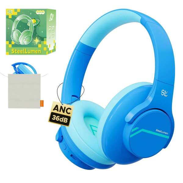 Qearfun Kids Noise-Canceling Headphones, Wireless Headphones, Bluetooth 5.3, Safe Volume 74/85/94dB, Real 40H Battery, Type-C Fast Charging, Built-In Mic For School Travel Airplane, Pink/Blue