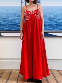 Womens Koi Fish Long Strap Dress Summer High Waist Flowy Cami Dress Spaghetti Strap V Neck Smocked Long Dress Vacation Beach Maxi Dress - 紅色 - 查看 4