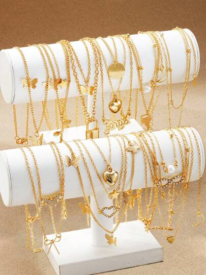 11pcs/12pcs Set Elegant Vintage Minimalist Star, Moon, Golden Heart, Bowknot Necklaces For Women, Suitable For Holidays, Parties, Dates, Daily Wear, And As Gifts