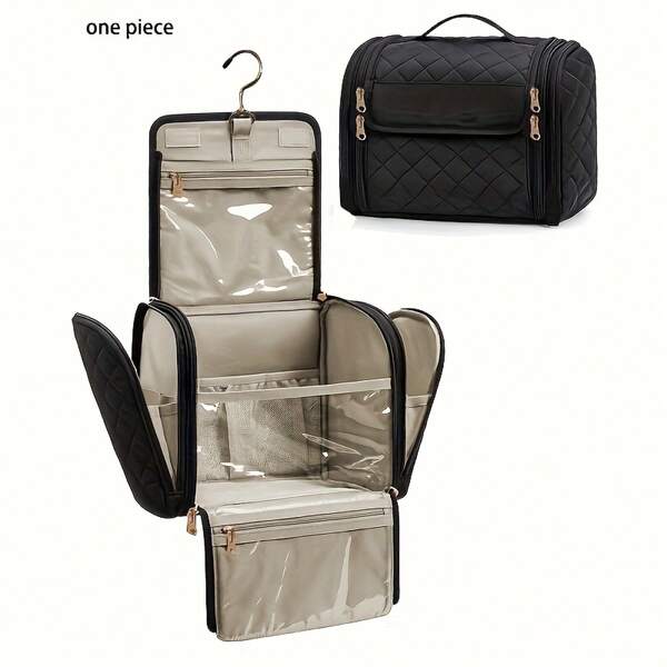 Thousand Fish Large Capacity Makeup Bag For Women & Men - Portable Travel Organizer With Hanging Hook, Multiple Compartments & Mesh Pockets, Durable Fabric Cosmetic Case For Toiletries, Makeup Brushes, Lipsticks (Black/Red), Cosmetic Storage Organizer, Sturdy Handle Design