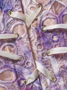 女式性感白色蕾丝露肩连体衣短款上衣，无袖半透明常规长度衬衫，带系带细节，面料略有弹性 - 紫色 - 查看 4