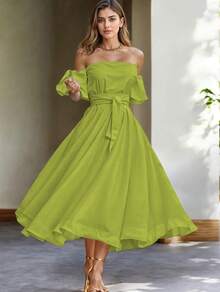 Vestido casual hombros descubiertos manga farol cinturón ajustable para mujer - Kiwi I - Ver 3