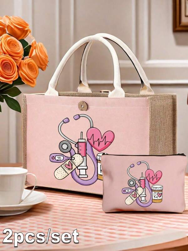 Krankenschwester Thema rosa Handtasche Einkaufstasche und Kosmetiktasche Set, Lässig Stil, Stoffstruktur, Stethoskop, Herz, Spritze, Thermometer, Pillen Muster Druck, geeignet für Schulanfang Jahreszeit, Urlaubsreise Ausflug Schultertasche, unisex, perfekt als Geschenk, tägliche Notwendigkeiten