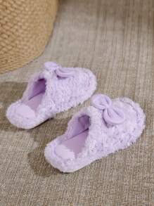 New Kids Thermal Slippers, Fluffy Cute Bow Home Thermal Slippers, Suitable For 3-14 Years Old Children Plush Slippers, Girls Plus Size Fluffy Thermal Slippers