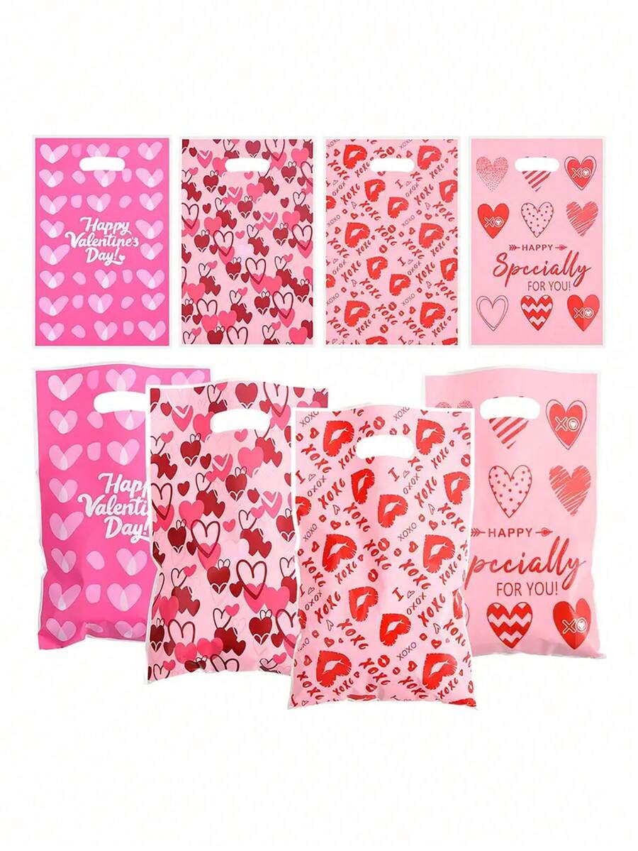 100 piezas Bolsa de regalo del Día de San Valentín de plástico impermeable con patrón de corazones rojos y rosas, adecuada para regalos pequeños, dulces, fiestas, bodas y decoraciones de cumpleaños (estilo aleatorio)