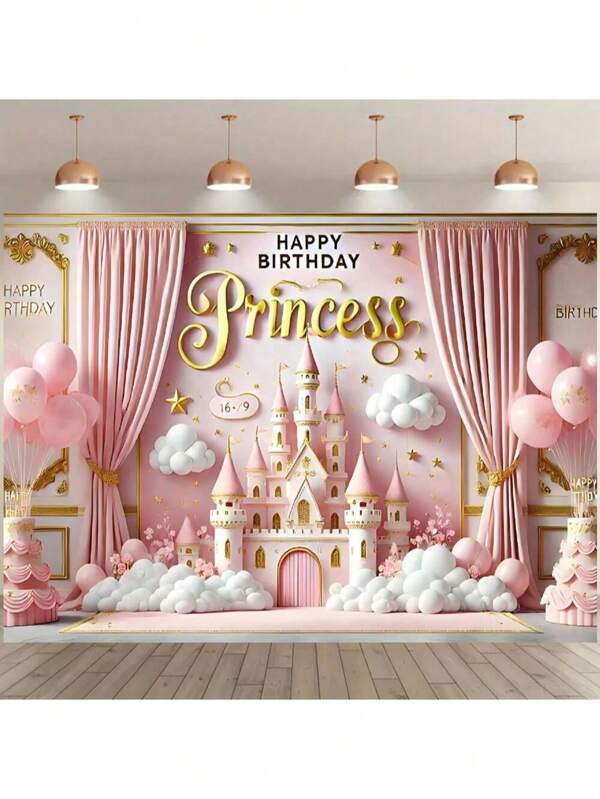 1pc Pink Cozy Princess Castle Birthday Party Backdrop Banner, Pink Castle-Cake-Balloon Design, Polyester Birthday Party Photo Backdrop, Cake Table Photography Decor, Suitable For Birthday, Party, Celebration, Indoor/Outdoor Garden Party Decoration, Multiple Sizes Available, No Power Required