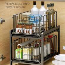 Under Sink Organizer And Storage, 2-Tier Drawer Organizer With Pull-Out Basket, Pull-Out Organizer Under Sink Cabinets, Metal Sliding Drawer For Kitchen, Bathroom, Pantry, Cabinet Shelf