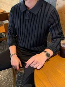 1pc Teen Boys' Simple Solid Color Comfortable Casual Outdoor Half-Placket Ribbed Knit Sweater, Thick For Autumn/Winter - Black - View 2