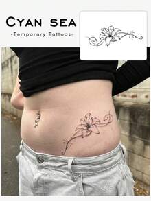 1 szt. Wodoodporny i odporny na pot, zmywalny tymczasowy tatuaż, spersonalizowany, wysokiej jakości projekt, tatuaż na brzuchu z motywem lilii, modny wzór odpowiedni do codziennego użytku - Czarne - Zobacz 2