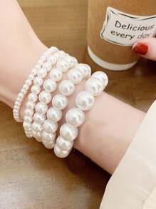 5pcs/Set Elegant French Style Faux Pearl Beaded Layered Bracelet Set, Suitable For Women's Daily, Party, And Formal Occasions