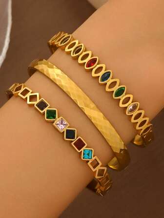 3pcs Stainless Steel Golden Bracelet Set 18K Vacuum Electroplating, Not Easy To Fade, Inlaid With Zirconia, Suitable For Daily Wear, Fashionable And Elegant Ladies' Bracelet Set,Jewelry Gold Jewelry Jewelry Women Bracelets Accessories Women Stainless Steel Jewelry Bracelets For Women Western Jewelry