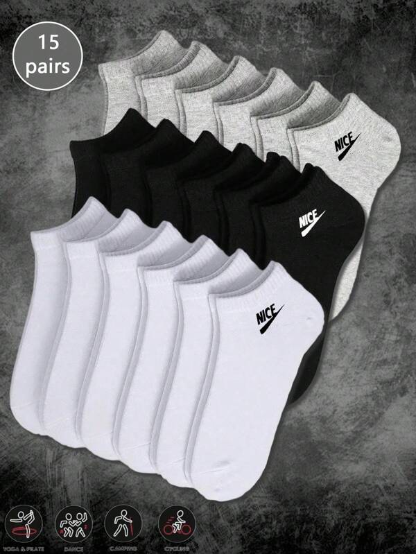 15 Pairs Men's Minimalist Breathable Casual Boat Socks, Classic Solid Black/White/Gray Short Socks, Suitable For All Seasons (The Sock Pattern Is Woven, Not Embroidered Or Printed)