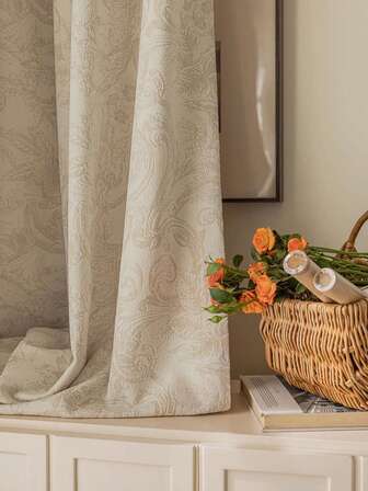 1Pc,French Retro Milk Tea Color Chenille Jacquard Curtains, Modern Simple Light Luxury Thickened Thermal Insulated Blackout Curtains/Drapes For Living Room Decorations