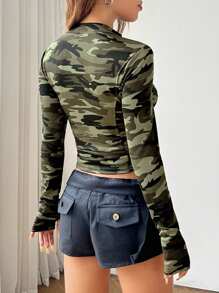 1 件迷彩印花立领拉链修身运动夹克，女式纯色长袖拉链立领修身夹克，适合春秋季穿着 - 軍綠色 - 查看 2