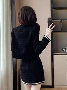 YooLy Autumn-Coloured Contrasting Elegant Front Breast-Trimmed Pan-Brimmed Pocket Tops And Skirts Set Of Two