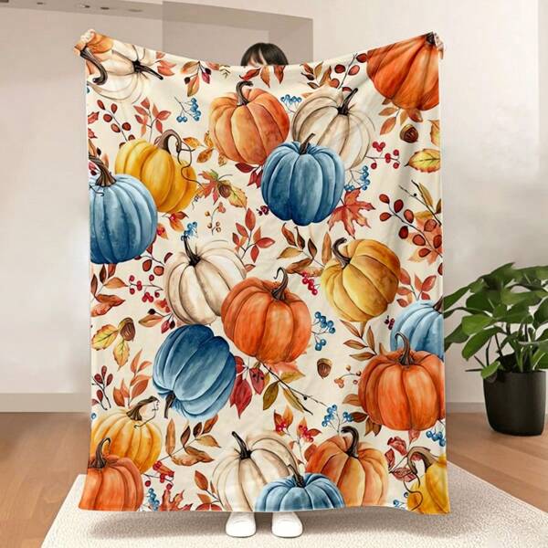 Fall Pumpkins Throw Blanket, Autumn Orange White Blue Pumpkins Leaves And Berries Soft Warm Fleece Blanket For Living Room Couch Bed Chair Or Dorm