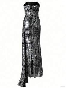 La nouvelle robe de soirée/bal des finissantes pour femmes Astony One présente un design sexy et mature, avec un patchwork séquiné et une coupe fendue haute sans bretelles