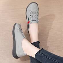 女士软底休闲乐福鞋，白色一脚蹬运动鞋，橡胶外底平底帆布鞋，春秋季 - 灰色 - 查看 6