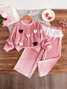 Conjunto de 2 Peças para Meninas para Outono/Inverno, Top de Manga Longa de Veludo com Padrão de Coração 3D e Acabamento de Renda, Calça Pantalona de Veludo, Conjunto Doce e Quente para Meninas