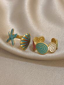 18K镀金不锈钢海洋主题可调节戒指套装，海星和贝壳设计，适合女性佩戴，可作为母亲节礼物、教师节礼物、夏季海滩配饰、派对/正式场合/日常佩戴、返校礼物、生日礼物、伴娘礼物、美人鱼主题 - 彩色 - 查看 6