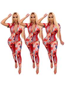 Street Style Women's Tie-Dye Print Fitted Short Sleeve Jumpsuit - Multicolor - View 4