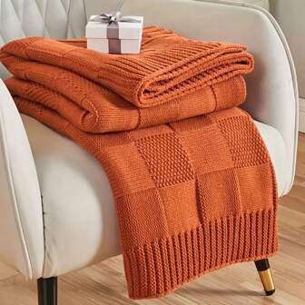 1pc Nordic Style Grid Pattern Throw Blanket - Vibrant Orange Versatile Blanket For All Seasons, Suitable For Office, Sofa And Camping - Machine Washable Cozy Home Decor, Nordic Design, Warm Texture