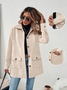 Abrigo informal de diario para mujer con cuello vuelto, botones delanteros y bolsillo, de unicolor