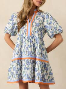 Women Y2K Babydoll Mini Dresses V Neck Puff Sleeve Short Dress Beach Sundress - Màu xanh nhạt - Xem 3