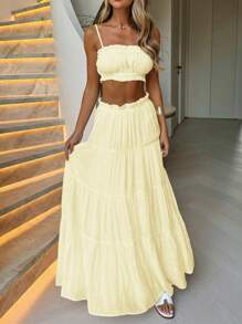 Look Polly Damen Zweiteiler, einfarbiges trägerloses Camisole Top und langer Rock, Frauenkleider Kleidung für Schule, buttergelbe Herbstkleidung für Frauen Kirchenkleid für Frauen Urlaubsstil Konzertoutfits für Frauen Casual, Loungewear-Sets für Frauen Weihnachten Thanksgiving elegantes Frauenset Strandset stilvolle Bekleidungskollektion Neujahrsoutfit