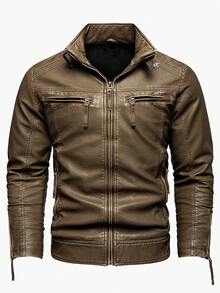 Men's Vintage Thickened Jacket With Multiple Pockets, Stand Collar Motorcycle Jacket, Casual PU Leather Coat - Brown - View 3