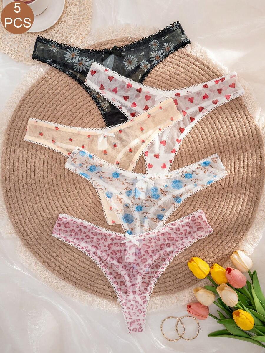 5er Pack Damen Höschen aus Baumwolle mit einfarbig, Frucht-, Leoparden- und Schleifen-Motiven, bequem - Verschiedenfarbig - Übersicht 1