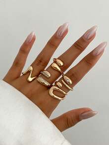 5 件复古简约奢华水钻戒指套装，金属金开口戒指，女士日常和派对时尚配饰，节日装饰，送给朋友的礼物 - 金黃色 - 查看 13