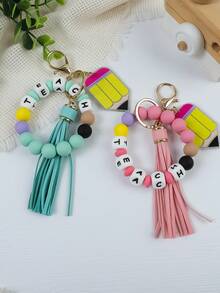 1pc Back To School TEACH Beaded Acrylic Charm Tassel Keychain / Bag Pendant, Teacher's Day Gift Christmas - Multicolor - View 4