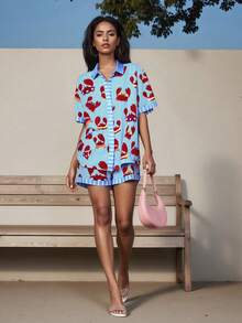 Conjunto de pijama de 2 piezas para mujer con estampado de cangrejo lindo, camisa de manga corta + pantalones cortos de cintura elástica, ropa de estar en casa - Azul - Ver 6