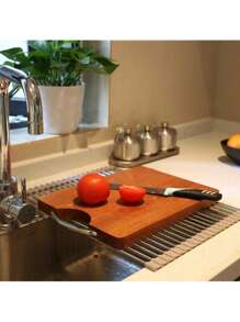 1pc Retractable Clothes Drying Rack, Over Sink Hanging Rack, Portable Stainless Steel Roll Up Rack, Multi-Purpose Kitchen Drain Shelf, Grey