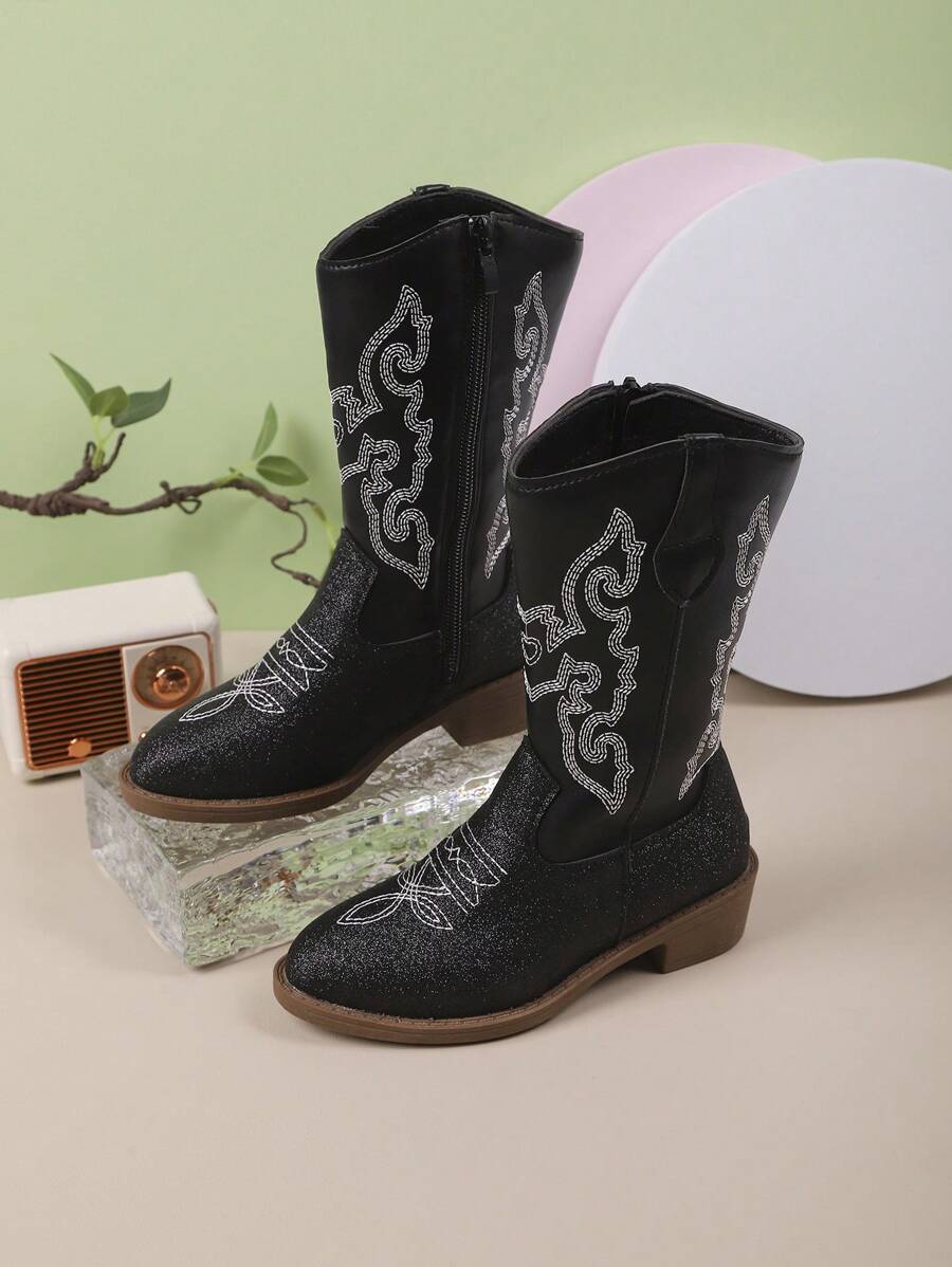 秋冬新款儿童靴子，刺绣时尚西部牛仔靴，尖头粗跟轻便时尚踝靴，适合大童女童户外、聚会、玩耍