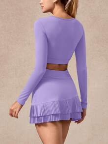 NcmRyu 1pc Women's Seamless Hollow Design Cinched Waist Tight Fit Long Sleeve Skirt Sports Set - Purple - View 6