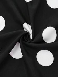 女士波点吊带连衣裙，系带腰身，喇叭裙摆，搭配针织开衫，波西米亚风印花夏季度假装扮 - 黑與白 - 查看 5