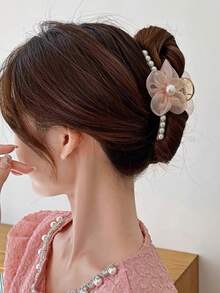 发夹 1 件韩国优雅珍珠花发夹，高端时尚别致的发饰，温柔甜美的设计适合外出、度假、约会和拍照发饰优雅爪夹，学校用品，大学 - 彩色 - 查看 2