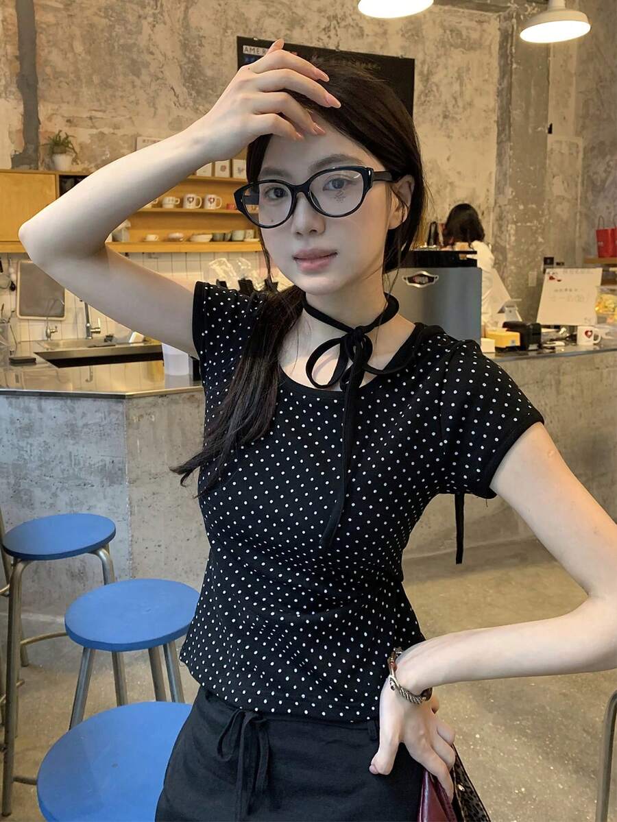 女式休闲系带领简约波尔卡圆点印花修身T恤