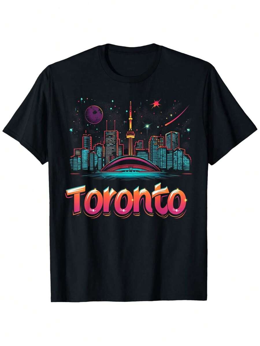Toronto Canada Cityscape Pattern T-Shirt - 100% Cotton Regular Fit Short Sleeve, Featuring Bright CN Tower And Starry Night Design, Unisex Casual Wear, Suitable For Gifting To Parents And Friends (S-XXXL, Black), Canadian T-Shirt, Medium Elastic Fabric, Non-Transparent Material - Black - View 1