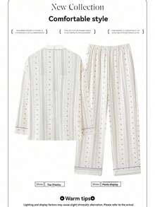 AICJ 2 件套棉质休闲宽松条纹印花长袖上衣和裤子睡衣套装，适合春秋冬季保暖秋季衣服 - 白色 - 查看 2