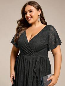 Plus Size V Neck Short Sleeves Pleated High Low Mother Of Bride Lace Dresses - Black - View 5