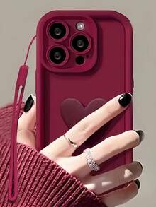 1 pieza Funda de teléfono con forma de corazón de color burdeos a la moda, compatible con iPhone 12/13 Pro Max, Honor X7, Galaxy A56 5G, Smart 8, Hot 40i, Spark 20, Spark 20C, Spark Go 2024, Note 14 5G, E22/E22i, A54, diseño minimalista con correa de muñeca, adecuado para uso diario y transporte al aire libre - Vino tinto - Ver 2
