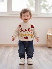 Toddler Baby Thanksgiving Sweater Pumpkin Letter Embroidered Crewneck Long Sleeve Pullover Chunky Knit Tops - 卡其色 - 查看 1