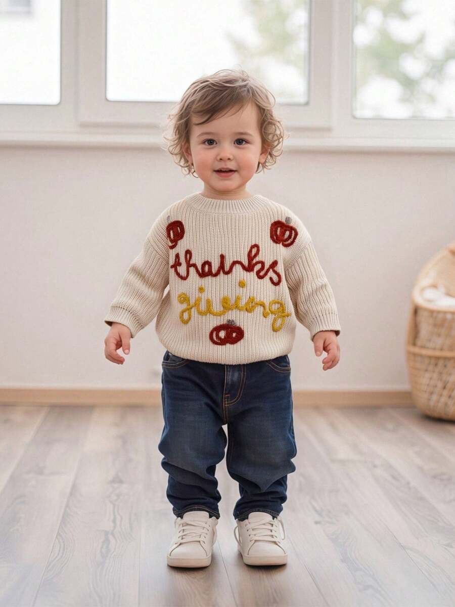 Toddler Baby Thanksgiving Sweater Pumpkin Letter Embroidered Crewneck Long Sleeve Pullover Chunky Knit Tops - 卡其色 - 查看 1